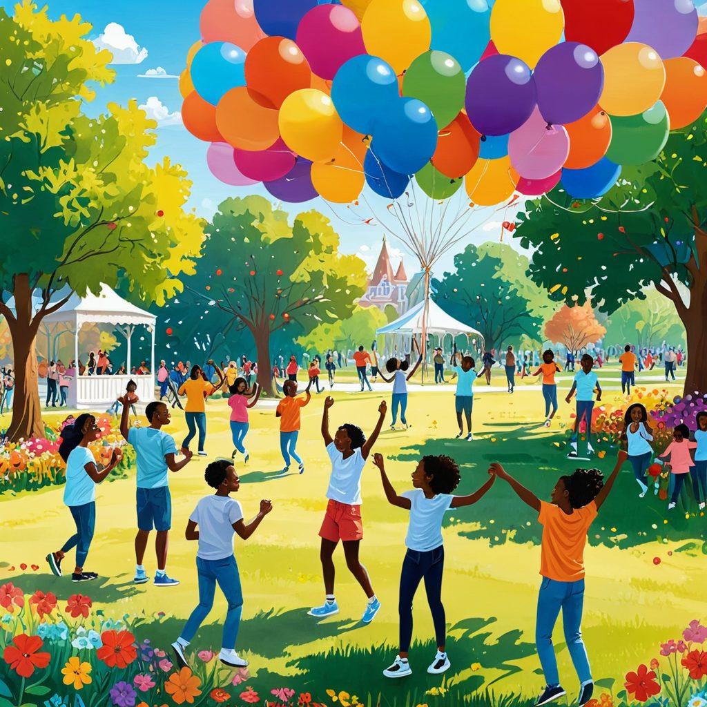 A whimsical scene depicting a lively group of diverse individuals engaging in joyful activities like painting, playing games, and dancing amidst colorful balloons and vibrant flowers. The setting is a sunlit park with laughter and cheer radiating from everyone. Bright colors and playful elements convey the essence of joy and creativity. vector art. vibrant colors. playful atmosphere.