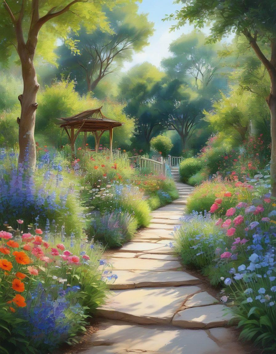 A whimsical garden filled with colorful flowers, playful children laughing and dancing, a clear blue sky overhead, and artful paths winding through the greenery, showcasing various engaging activities like painting and storytelling. The scene embodies joy and creativity, inviting the viewer to envision a life full of delight. vibrant colors. soft focus. watercolor painting.